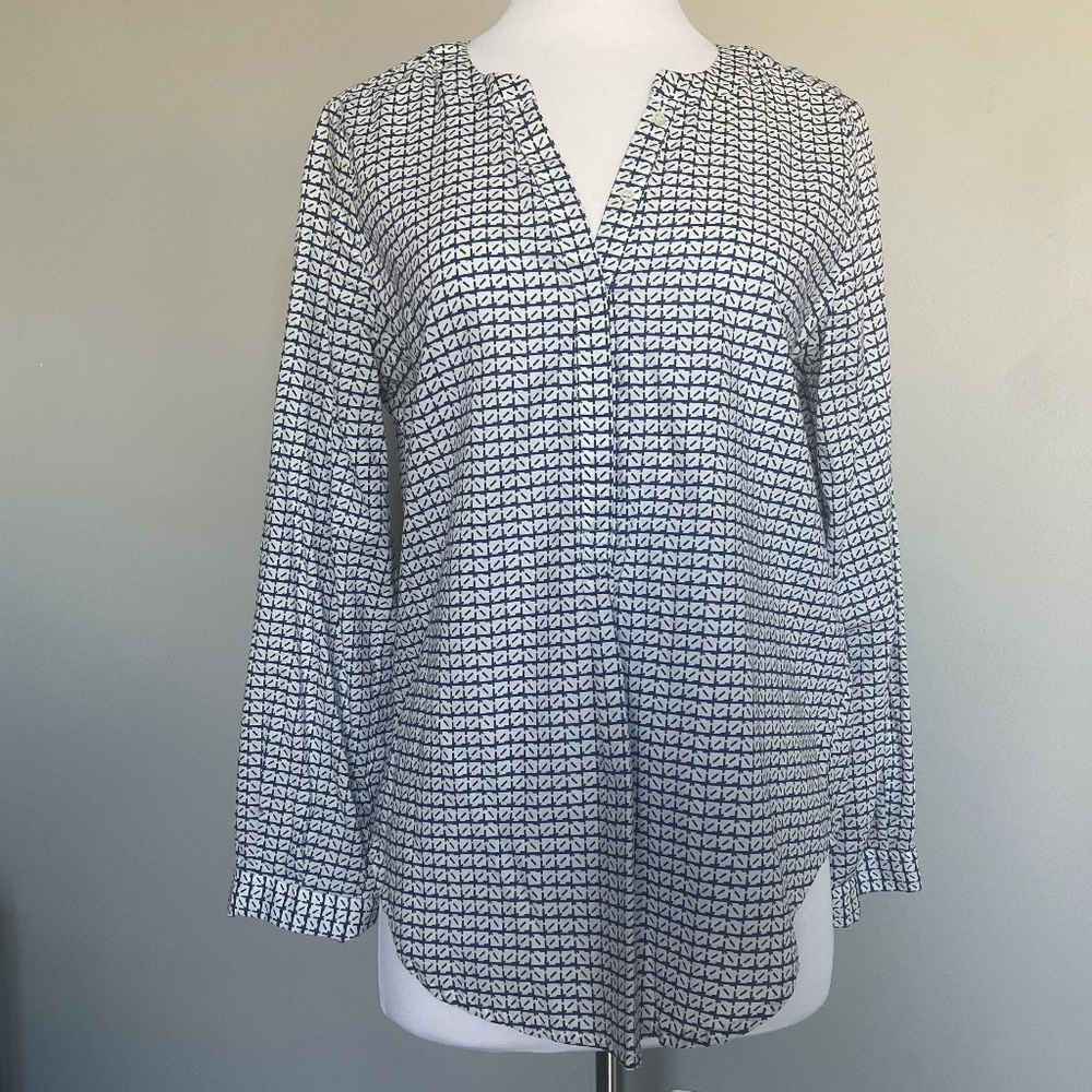 Joie White Blue Top Long Sleeve Geometric SquarePrint Casual Cotton Blouse Shirt